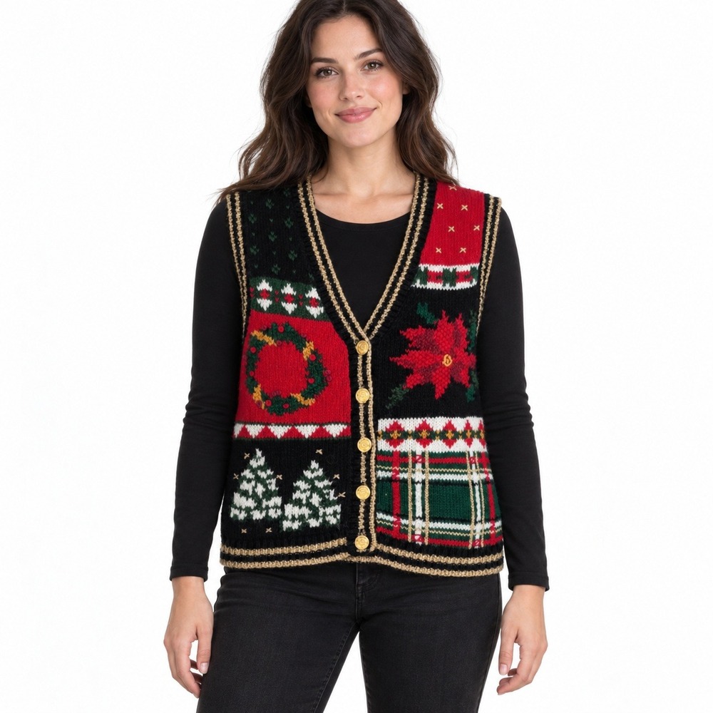 Westbound Christmas Sweater Vest Womens P Black Red Holiday Hand Knit Poinsettia